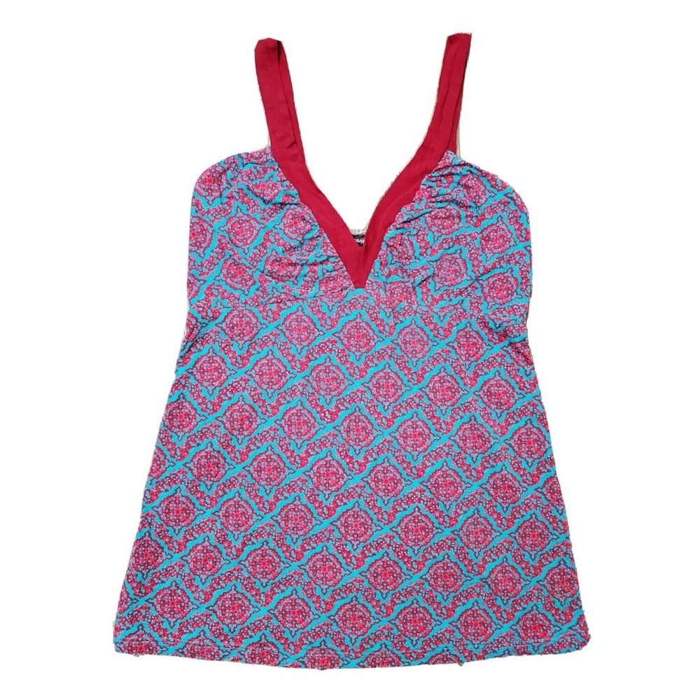Cosa Bella Women's L Tank Top Maroon Blue Pattern V-Neck Stretch Camisole